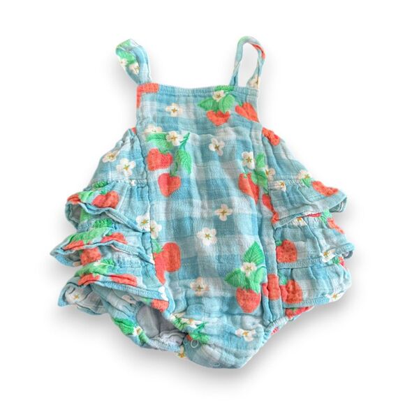 Angel Dear Organic Cotton Muslin Strawberry Sunsuit Romper 3-6 Months - Picture 1 of 3